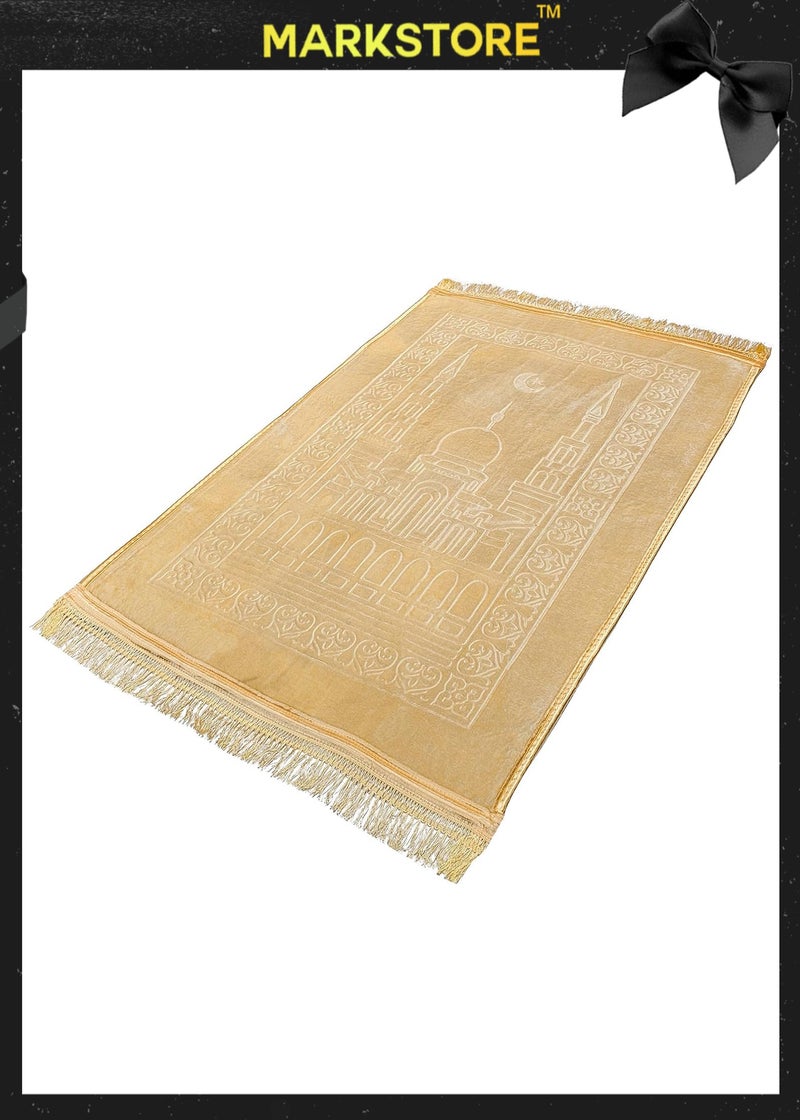 مارك ستور سجادة صلاة بلون الكراميل الذهبي، سجادة صلاة علوية مخملية منقوشة ممتازة ومضادة للانزلاق، جاي نماز، مصلى لنماز عبادات العمرة حج رمضان 80 × 120 سم، أفضل هدية لرمضان - Image 1